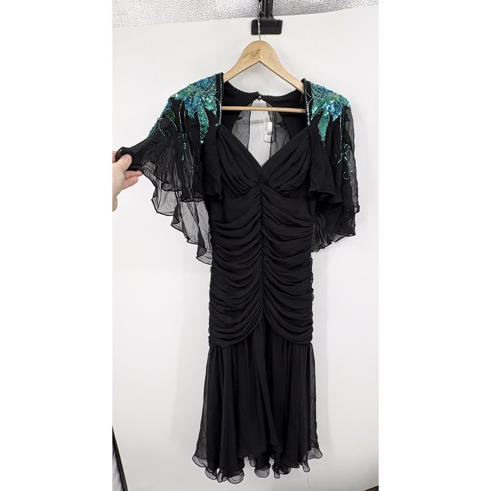 Vintage Casadei Dress Small Cocktail Fairy Grunge Sequin Glam Gala Capelet Drape